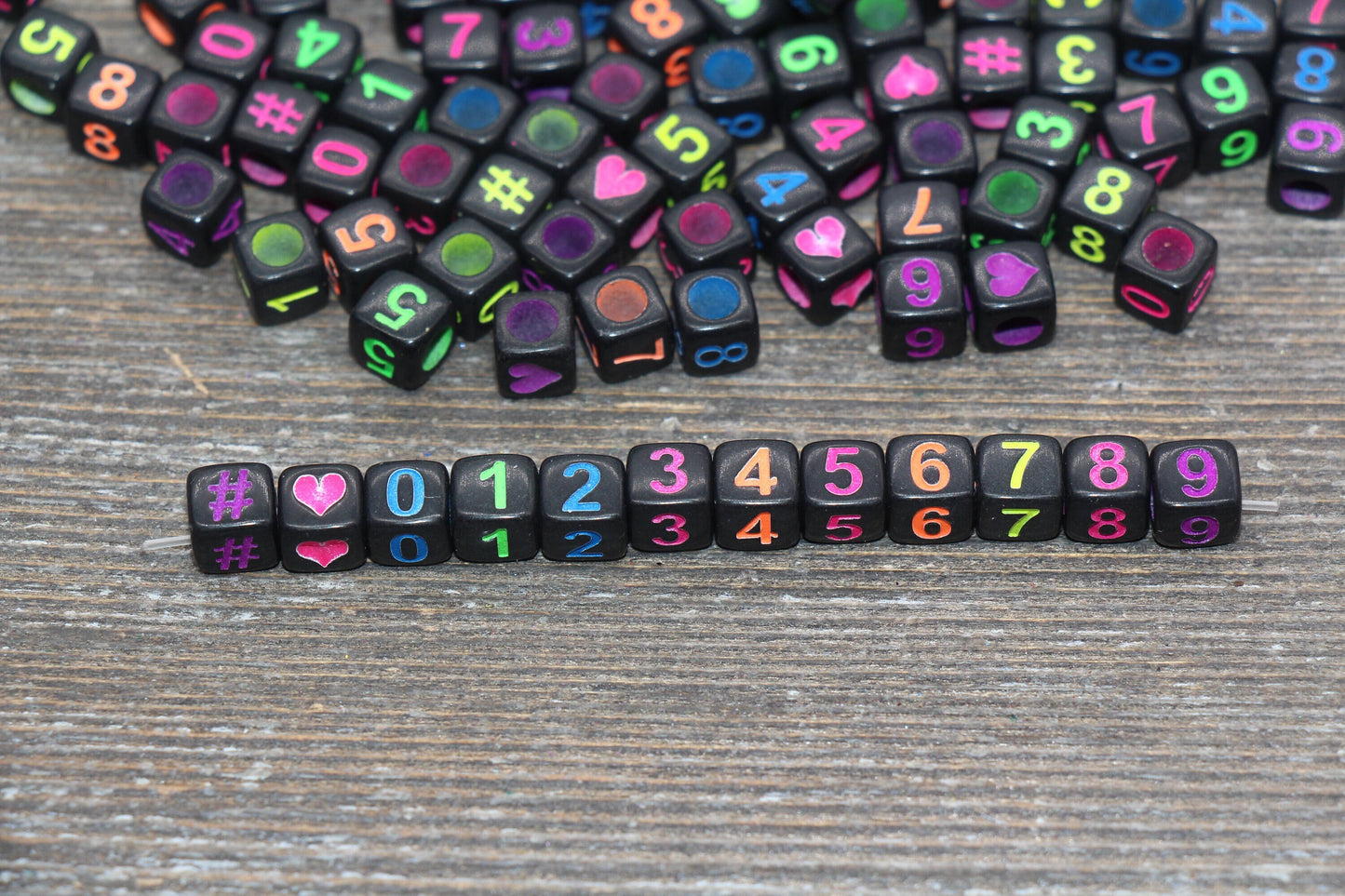 Multicolor Number Beads, Assorted Number Beads, Mix Color Cube Square Number Beads, Heart, Hashtag #, Size 6mm #2040