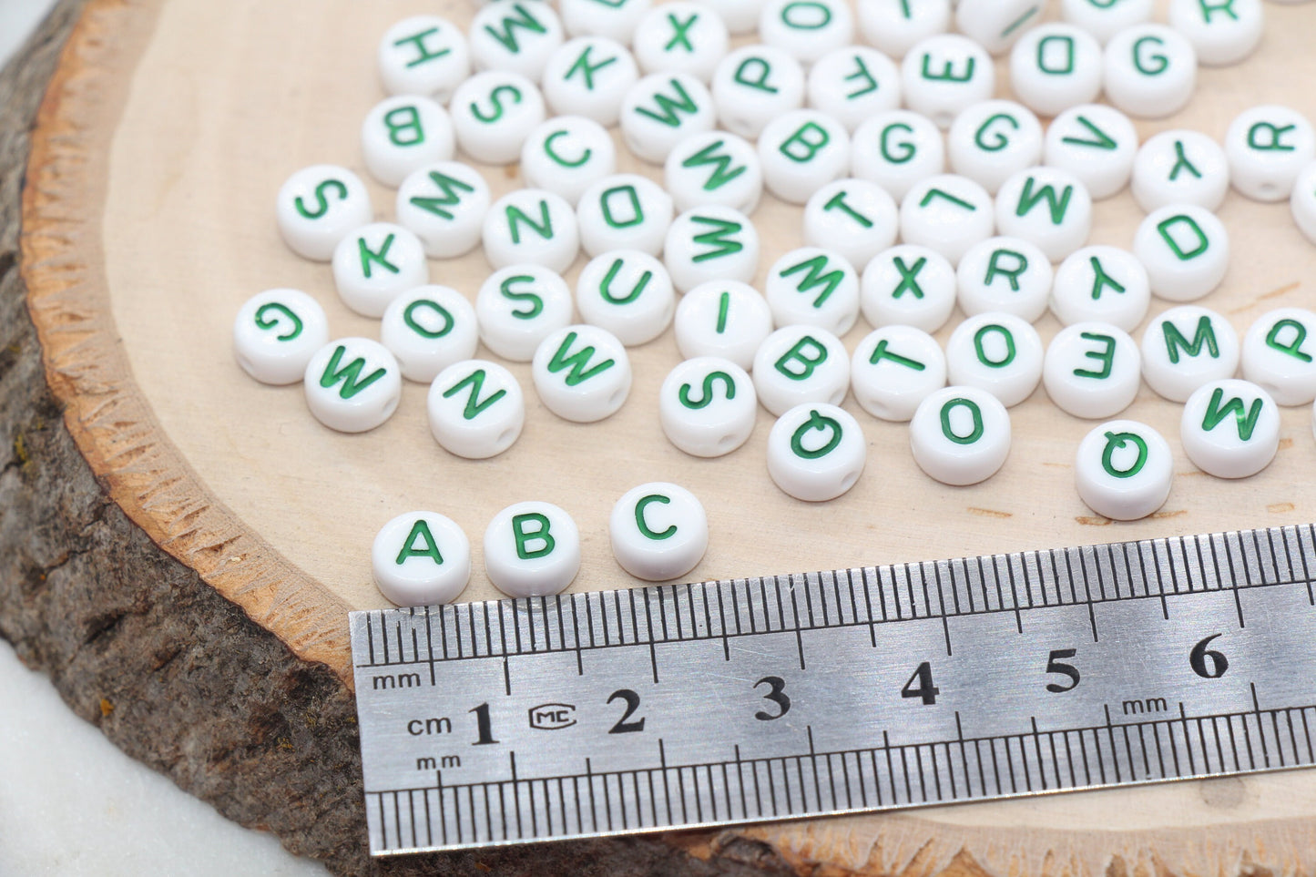 alphabet letter beads, green letter beads, white bead with green letter, name beads, bead for bracelet