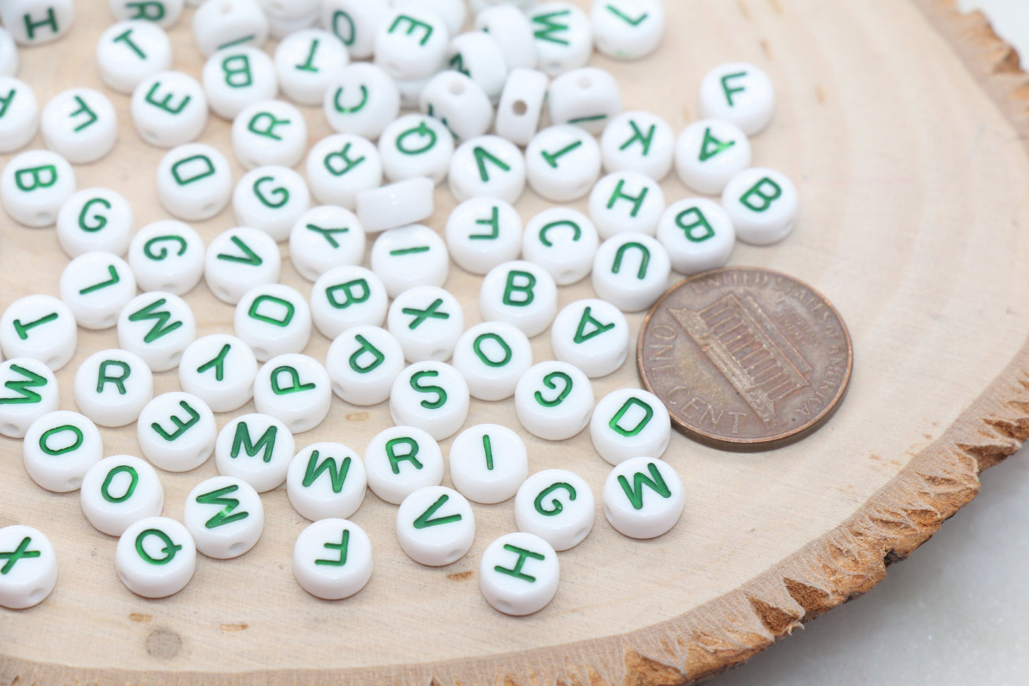 alphabet letter beads, green letter beads, white bead with green letter, name beads, bead for bracelet