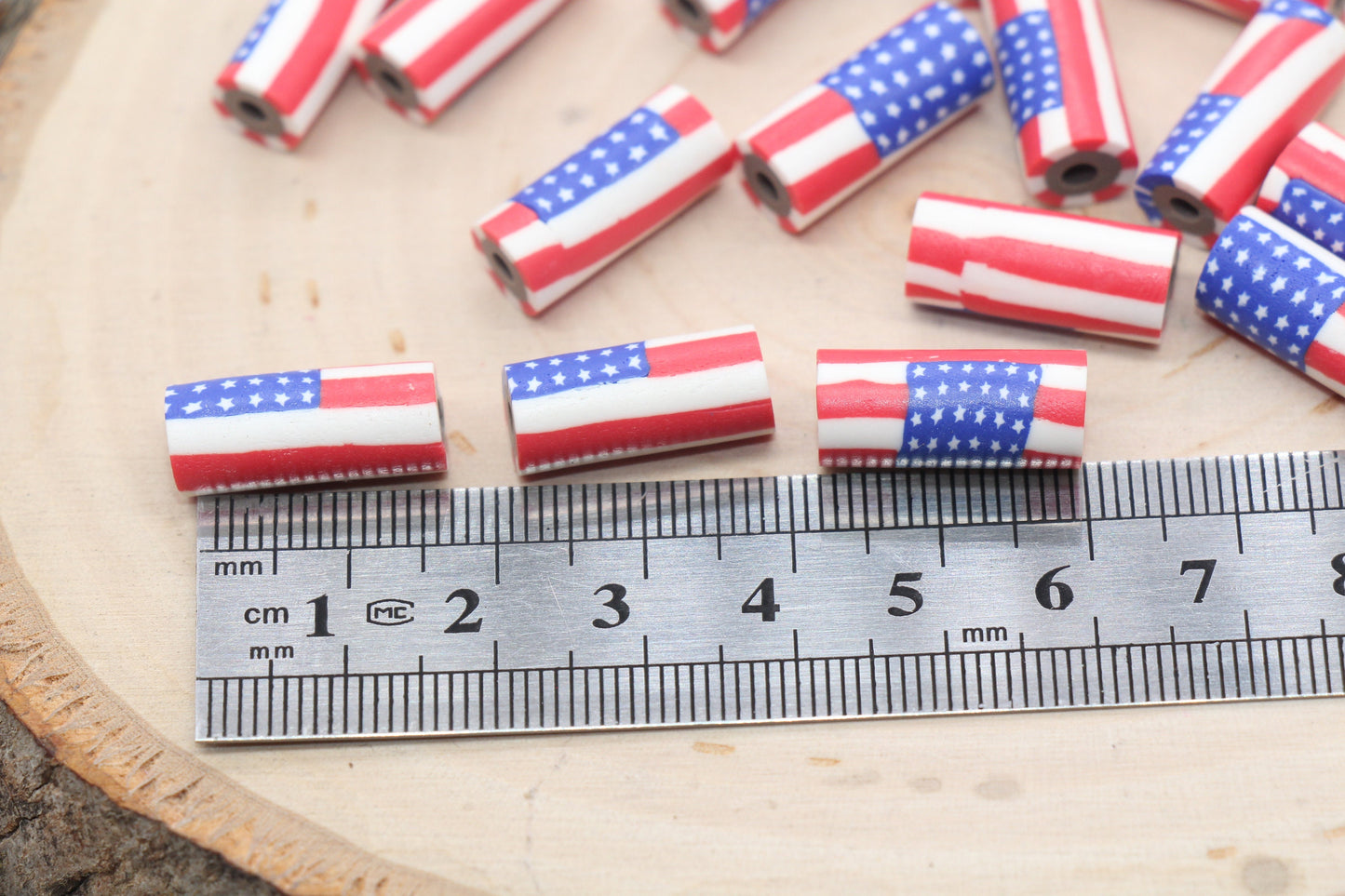 Tube Shape Patriotic American Flag Clay Beads, United States Flag Polymer Clay Beads, US Flag Beads, Tube Shape Clay Beads #529