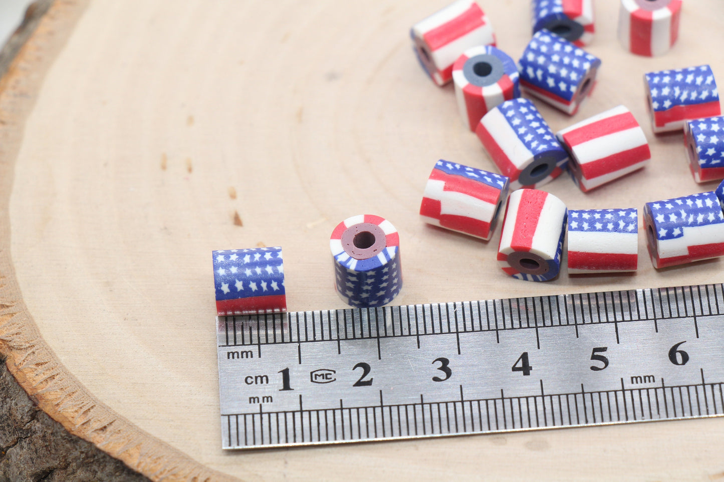 Tube Shape Patriotic American Flag Clay Beads, United States Flag Polymer Clay Beads, US Flag Beads, Tube Shape Clay Beads #530