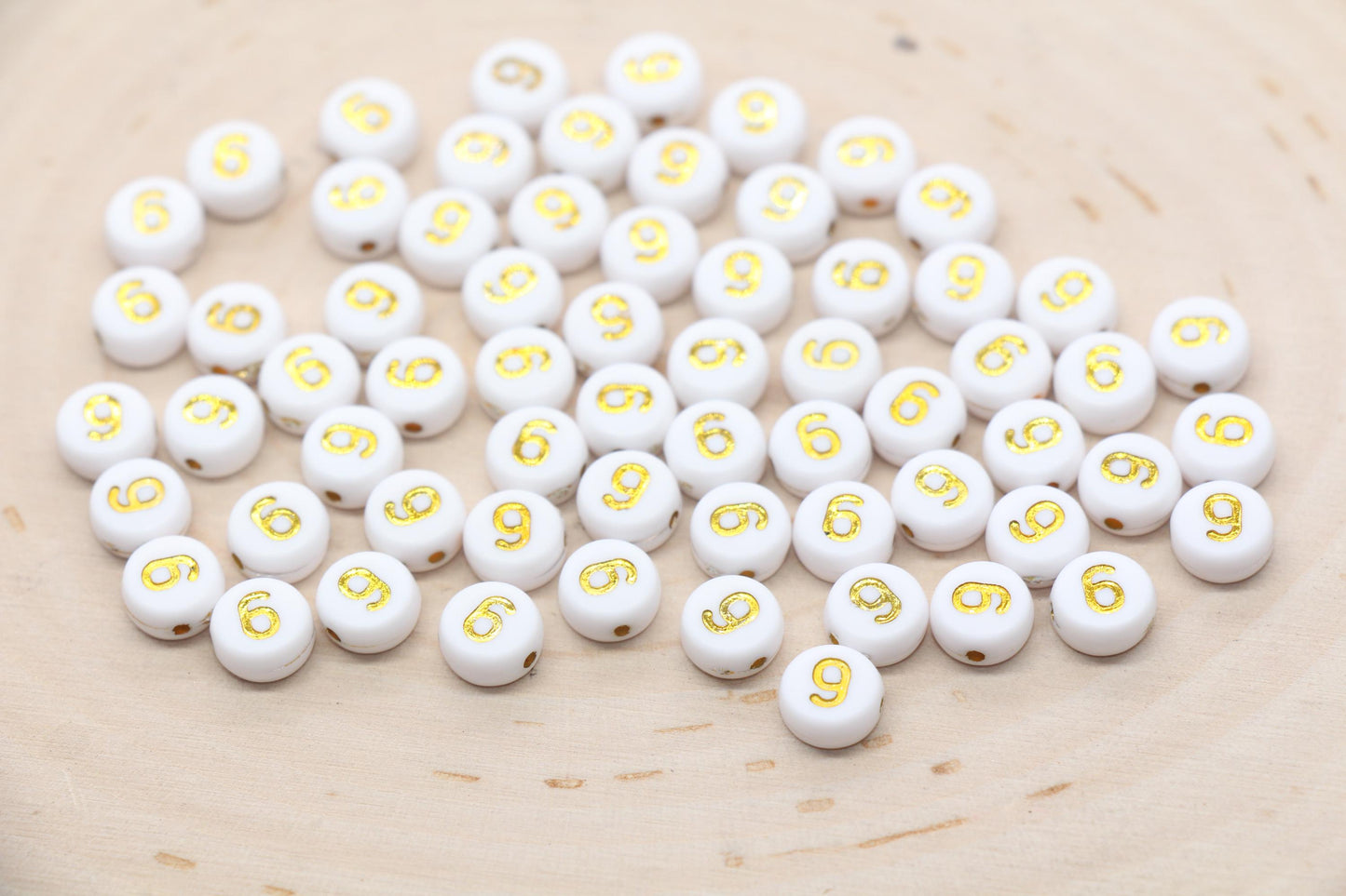 Sold in Individual Number Beads, Round Gold Number Beads, White Beads with Gold Numbers, Jewelry Making Beads, Size 7mm