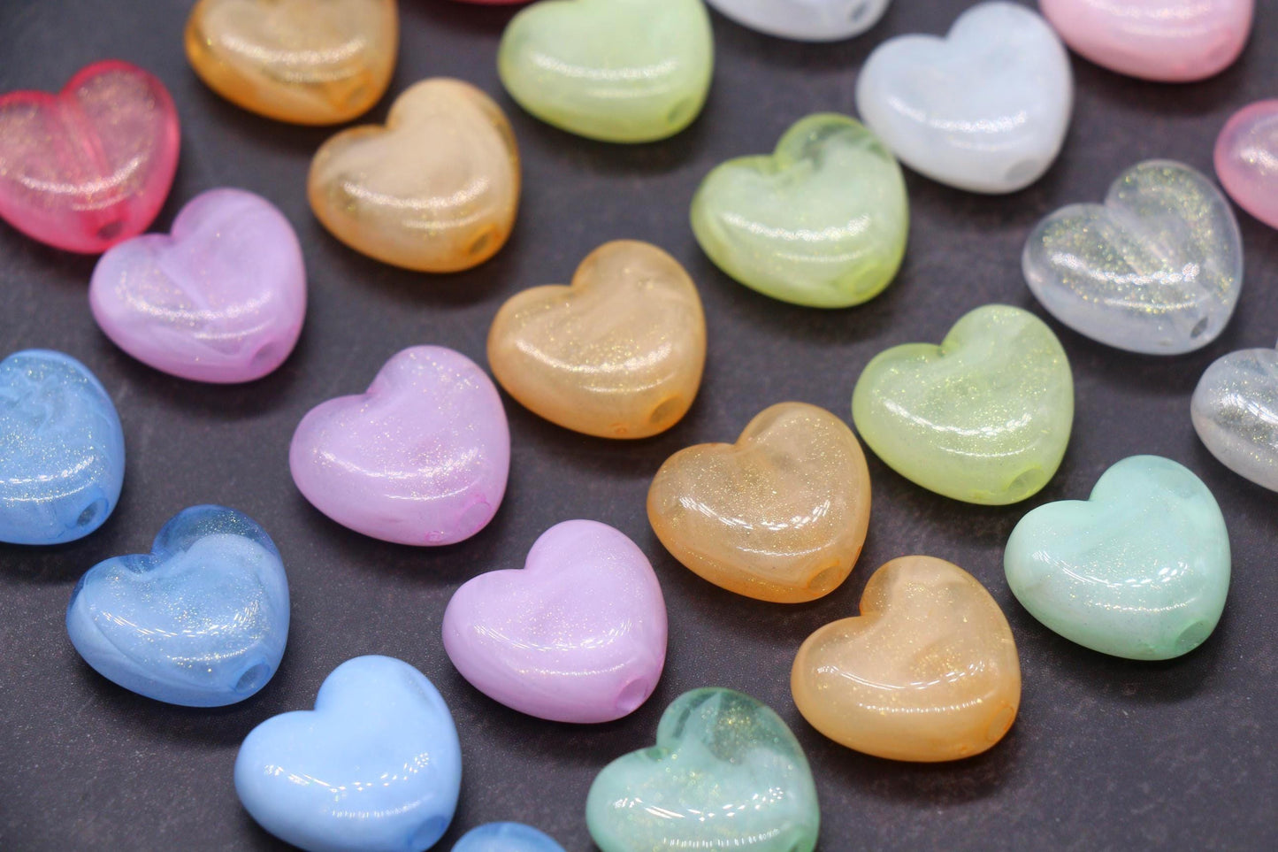 Glitter Heart Beads, Plastic Heart Shaped Beads for Jewelry Making, Chunky Plastic Heart Beads with Large Hole, Craft Supplies
