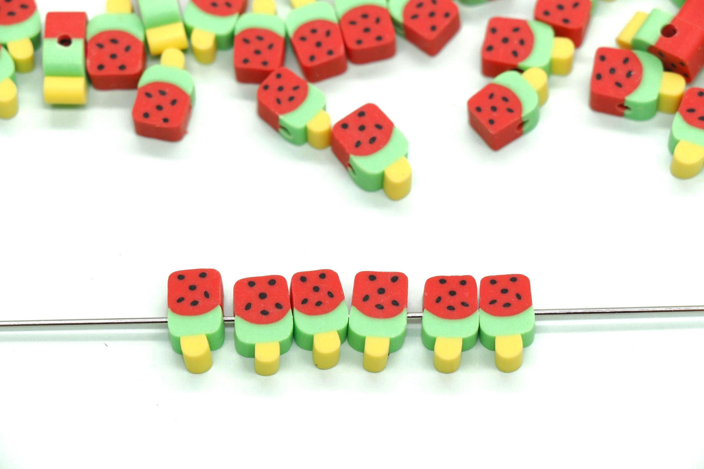 Watermelon Popsicle Polymer Clay Beads, Jewelry Making Supplies, Cute Fruit Charms for Bracelets Necklaces, DIY Sweet Food Beads #917