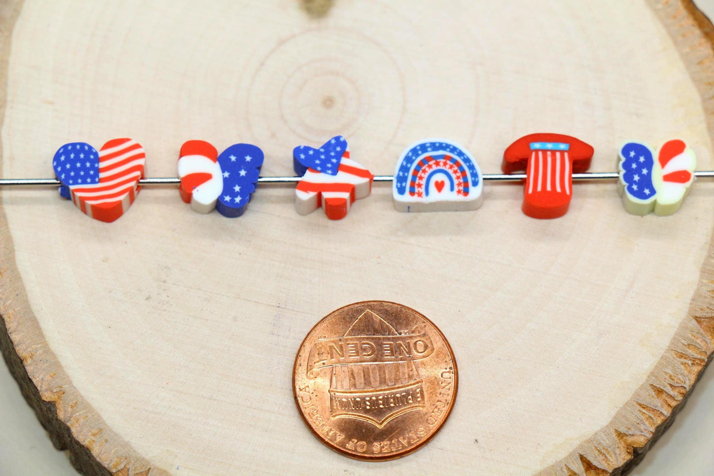 Patriotic Clay Beads, US Flag Polymer Clay Beads, July 4th Jewelry Beads, Red White Blue Beads for Crafts