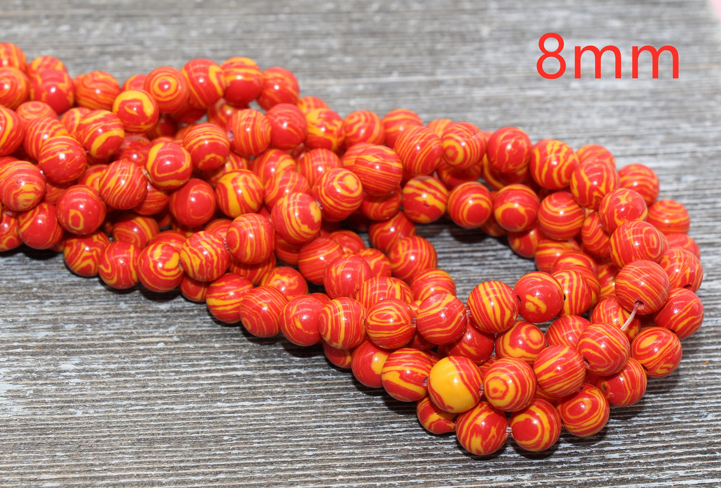 Peacock Stone Beads, Malachite Synthetic Beads, Smooth Gemstone Round Beads, Red and Yellow Sizes 4mm 6mm 8mm 10mm 12mm #70