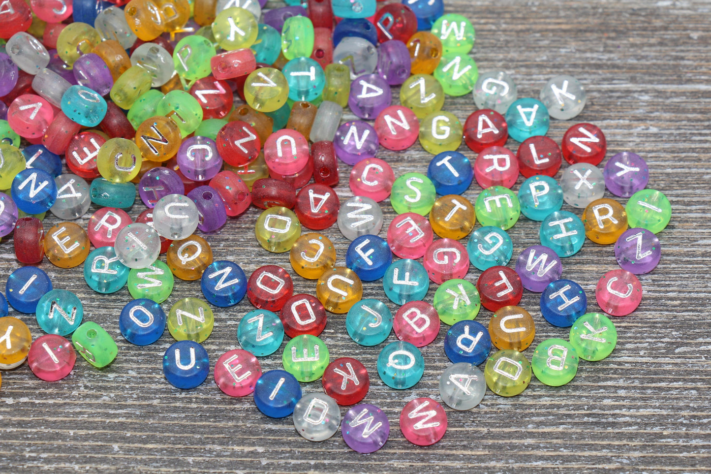 Multicolored Glitter Alphabet Letter Beads, Glitter Translucent Beads with Silver Letters, Rainbow Glitter Letter Beads, Name Beads 7mm #368