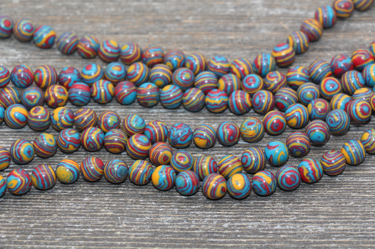 Peacock Stone Beads, Malachite Synthetic Beads, Smooth Gemstone Round Beads, Red Yellow and Blue Beads, Sizes 4mm 6mm 8mm 10mm 12mm #158