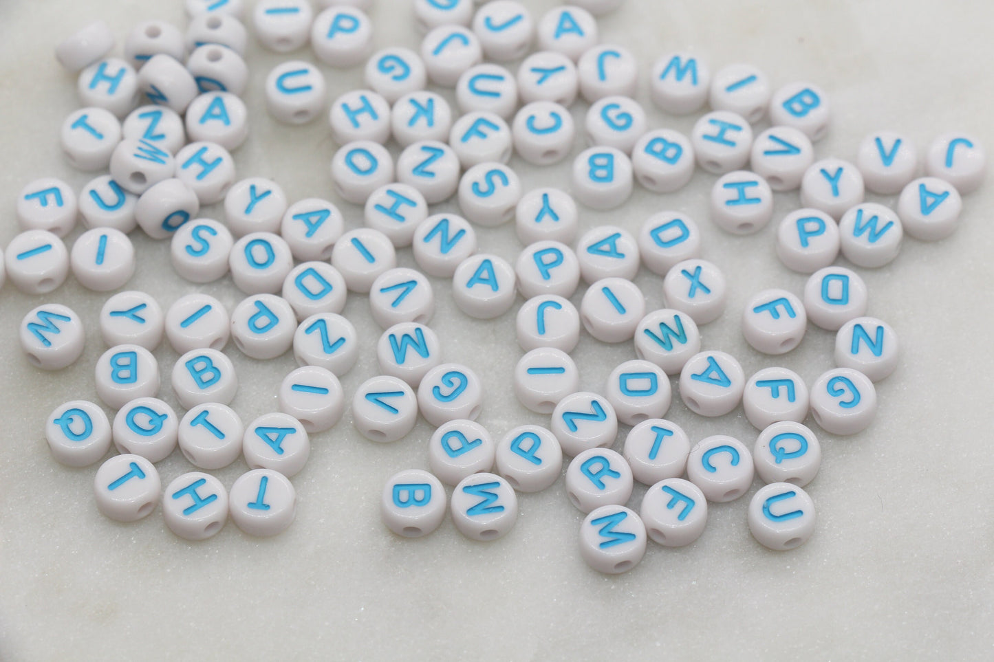 Blue Alphabet Letter Beads, Acrylic Blue with White Letters Beads, Round Acrylic Beads, Mix Letter Beads, Name Beads 7mm #751