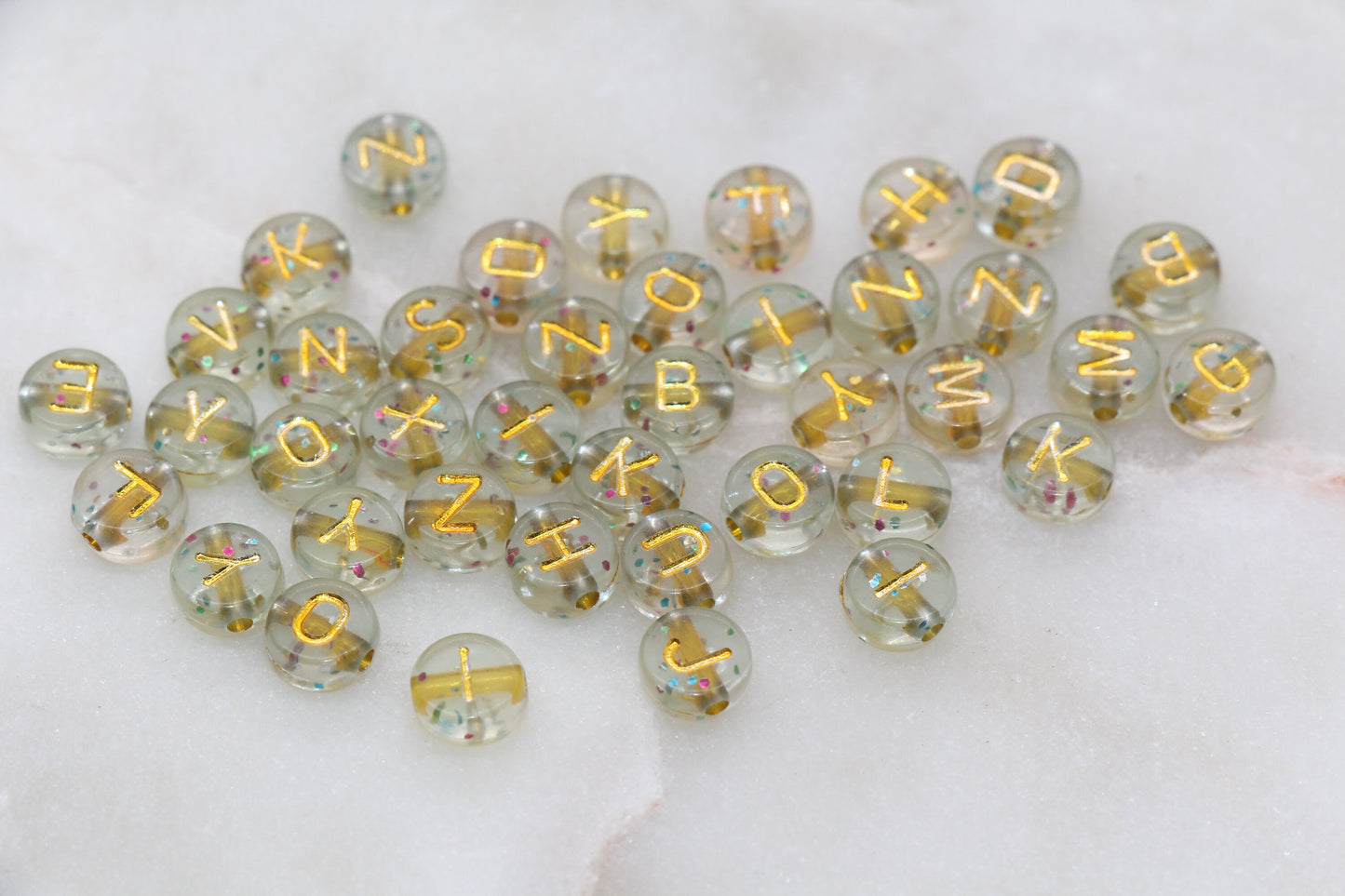Gold with Glitter Alphabet Letter Beads, Acrylic Clear Letters Beads with Glitter, Round Acrylic Beads, Mixed Letters Name Beads 7mm #753