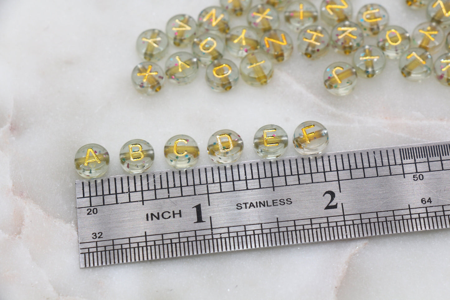 Gold with Glitter Alphabet Letter Beads, Acrylic Clear Letters Beads with Glitter, Round Acrylic Beads, Mixed Letters Name Beads 7mm #753