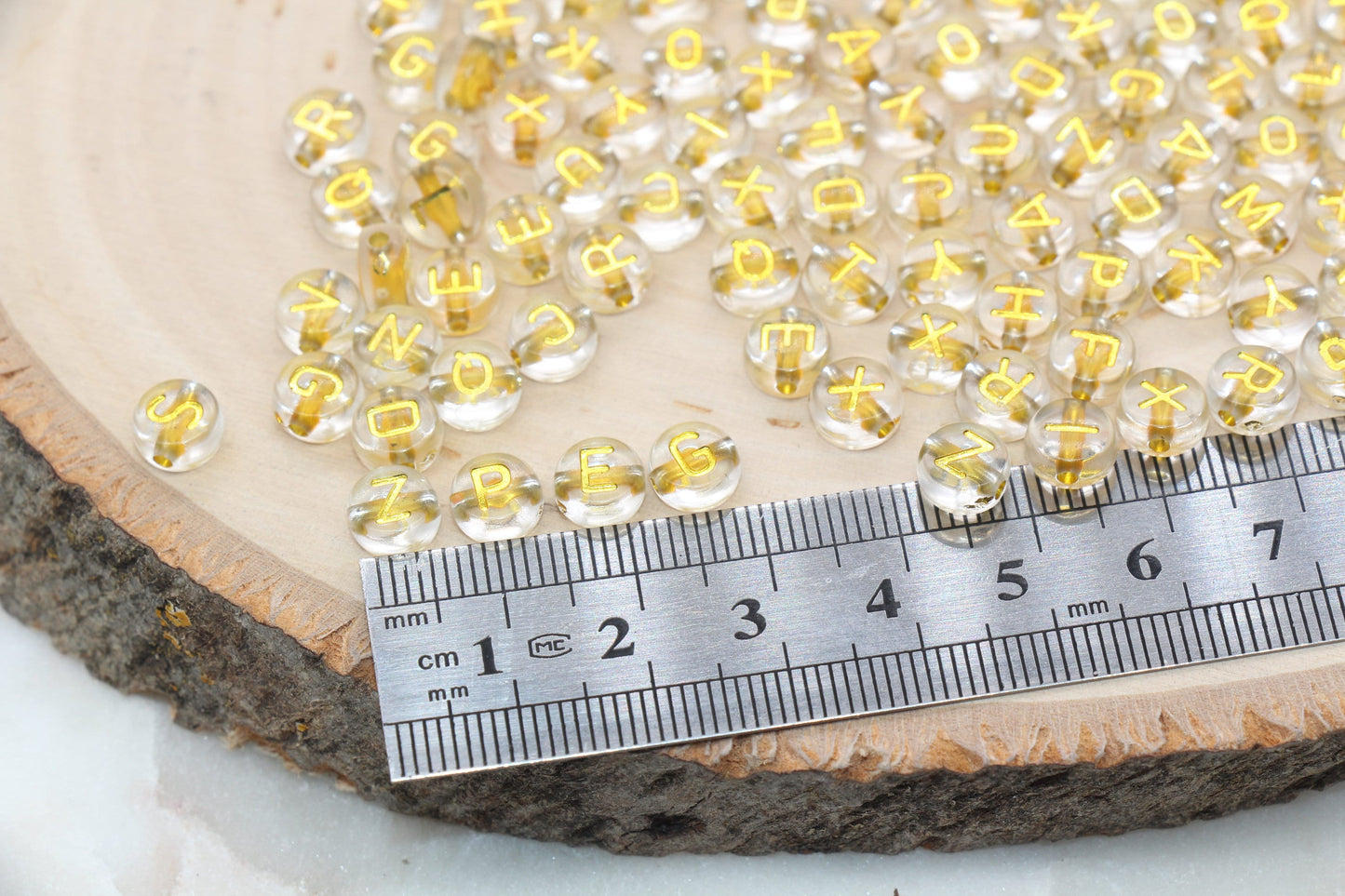 Gold Alphabet Letter Beads, Round Translucent Beads with Gold Letters, Plastic Letter Beads, Acrylic Round Name Beads, Size 7mm #135