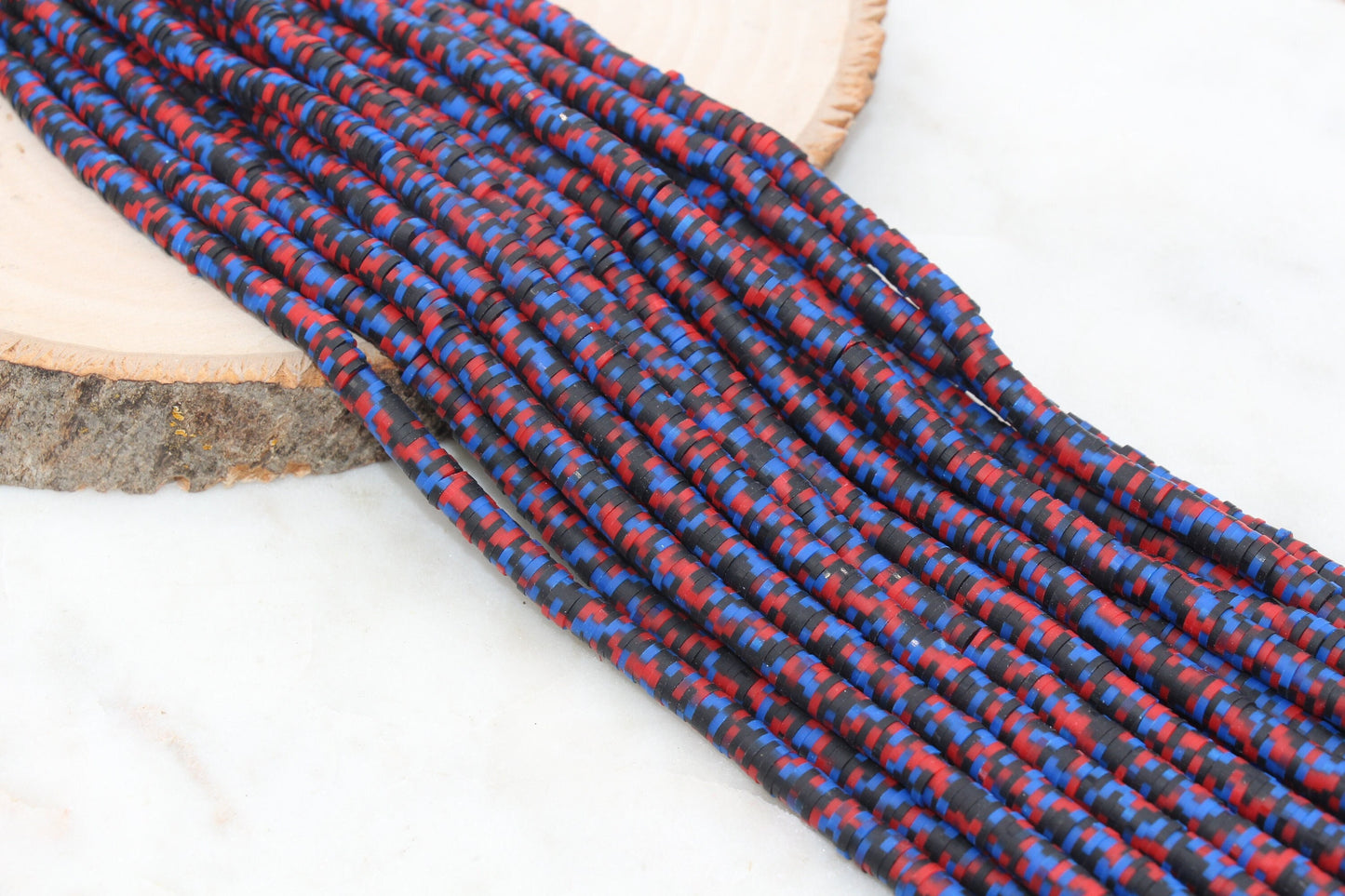 6mm Black Red and Blue Mix Speckled Heishi Beads, Dotted Speckled Polymer Clay Disc Beads, African Disc Beads, Full Strand #619