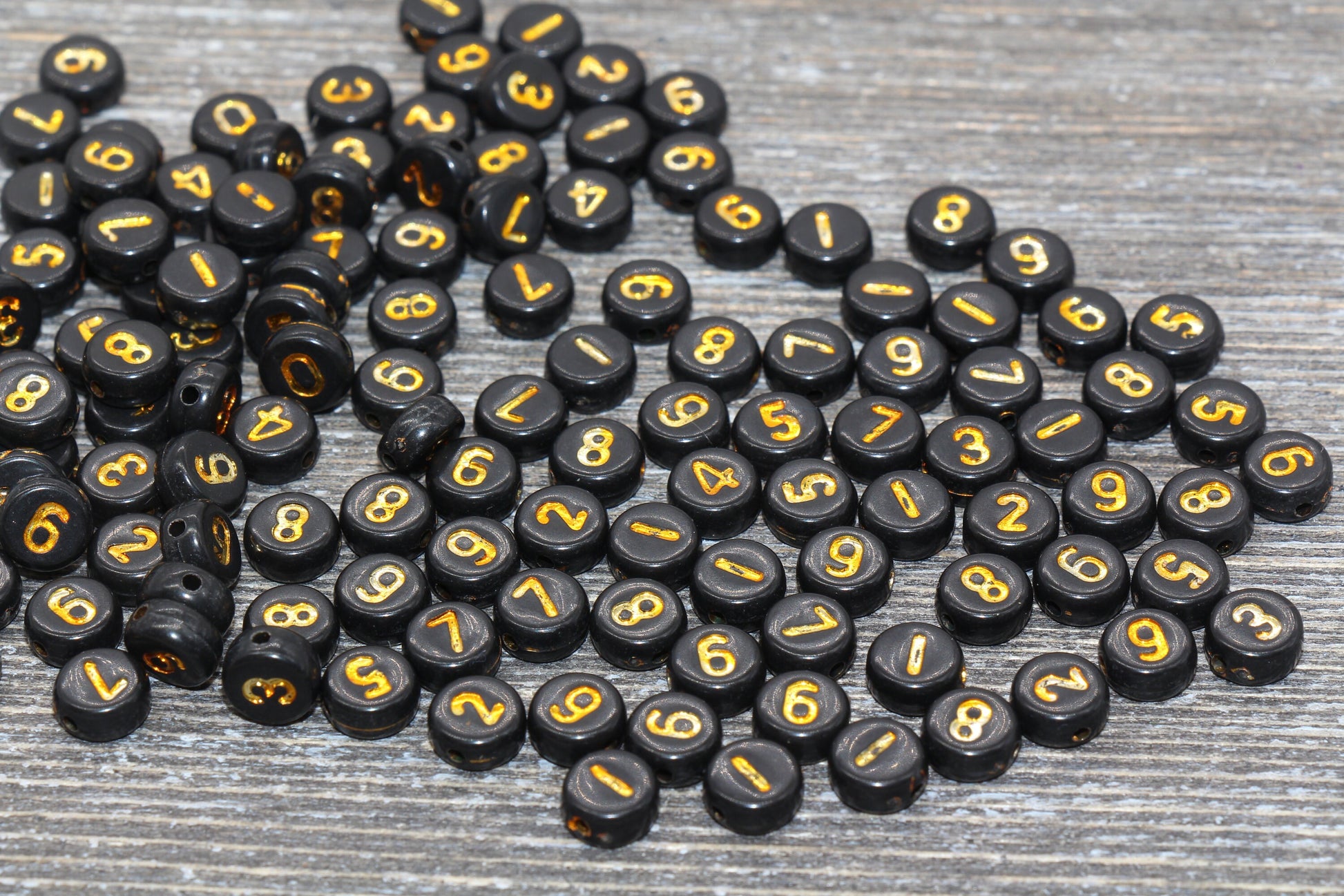 Black and Gold Number Beads, Acrylic Black and Gold Number Beads, Plastic Mix Number Beads, Round Number Beads, Size 7mm #86