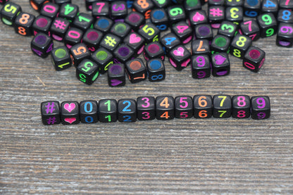 Multicolor Number Beads, Assorted Number Beads, Mix Color Cube Square Number Beads, Heart, Hashtag #, Size 6mm #2040