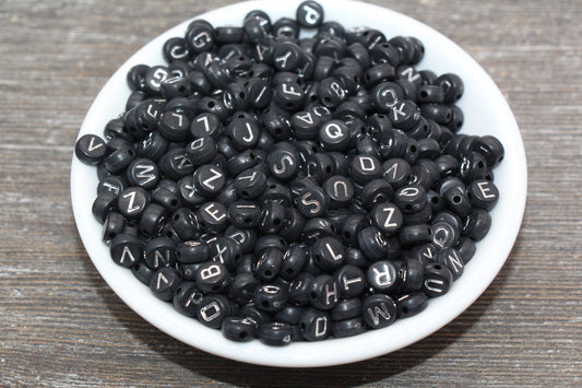 Alphabet Letter Beads, Acrylic Black Beads with Silver Letter Beads, Round Acrylic Beads, ABC Letter Beads, Name Initial Beads, Size 7mm #70