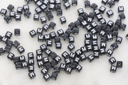 Letter M Cube Beads, Individual Letter Beads, Black and White Cube Alphabet Letter Beads, Gold Letter Beads, Square Name Beads, Size 4.8mm
