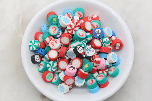 Assort Christmas Clay Beads, Holiday Themed Clay Beads, Santa Snowman Peppermint Snowflake Mix Polymer Clay Beads, Clay Jewelry Beads