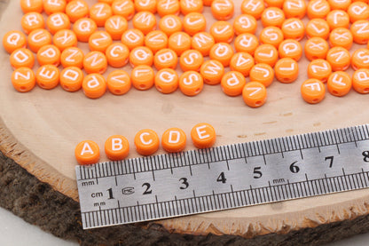 Orange Alphabet Letter Beads, Acrylic Orange Beads with White Letters, Round Acrylic Beads, Mixed Letter Beads, Plastic Name Beads 7mm #3147