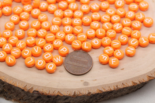 Orange Alphabet Letter Beads, Acrylic Orange Beads with White Letters, Round Acrylic Beads, Mixed Letter Beads, Plastic Name Beads 7mm #3147