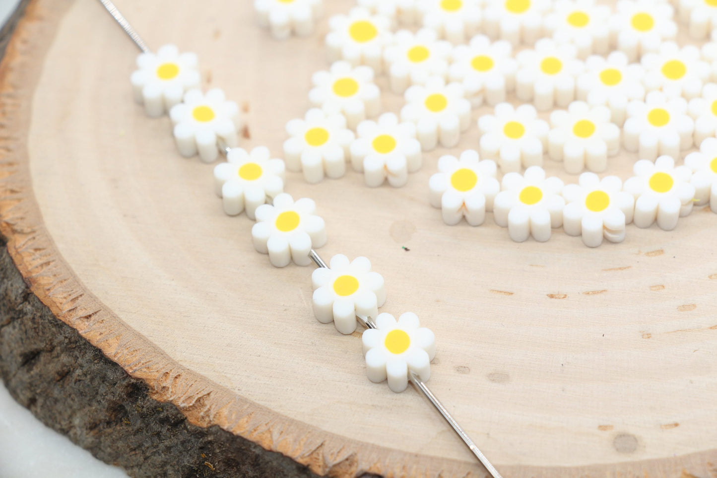 White Flower Polymer Clay Beads, Flower Shape Fimo Cane Beads, Bead for Bracelet #498