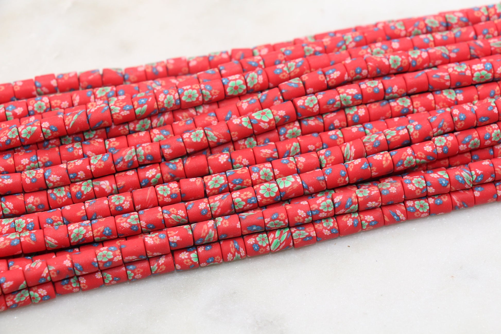 6mm Wide Column Chunky Polymer Clay Beads, Red Flower Printed Heishi Spacer Beads, Clay Tube Beads, Barrel Beads Heishi Beads #490