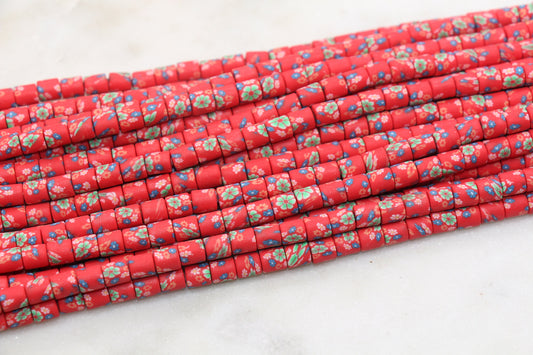 6mm Wide Column Chunky Polymer Clay Beads, Red Flower Printed Heishi Spacer Beads, Clay Tube Beads, Barrel Beads Heishi Beads #490