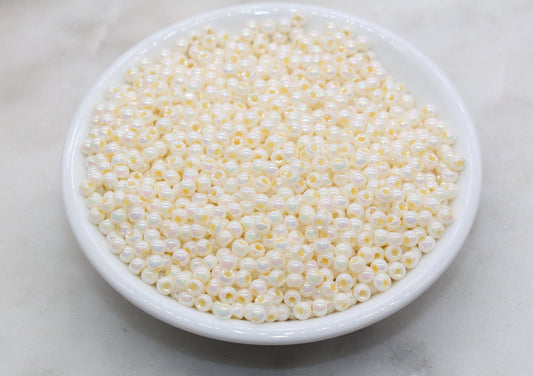 Iridescent Glass Seed Beads, 4mm Shiny Round Glass Seed Beads, Creamy Yellow AB Opaque Seed Beads, Rocailles Beads, Beading Supplies #3226