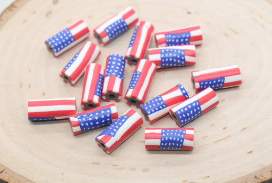 Tube Shape Patriotic American Flag Clay Beads, United States Flag Polymer Clay Beads, US Flag Beads, Tube Shape Clay Beads #529
