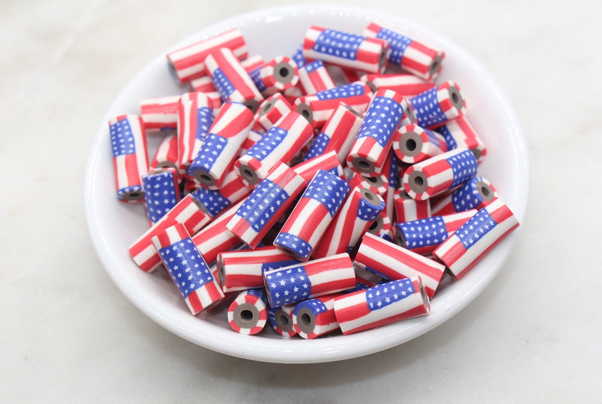 Tube Shape Patriotic American Flag Clay Beads, United States Flag Polymer Clay Beads, US Flag Beads, Tube Shape Clay Beads #529