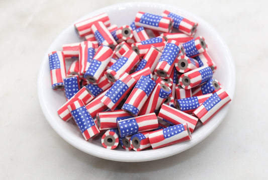 Tube Shape Patriotic American Flag Clay Beads, United States Flag Polymer Clay Beads, US Flag Beads, Tube Shape Clay Beads #529