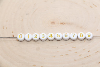 Sold in Individual Number Beads, Round Gold Number Beads, White Beads with Gold Numbers, Jewelry Making Beads, Size 7mm