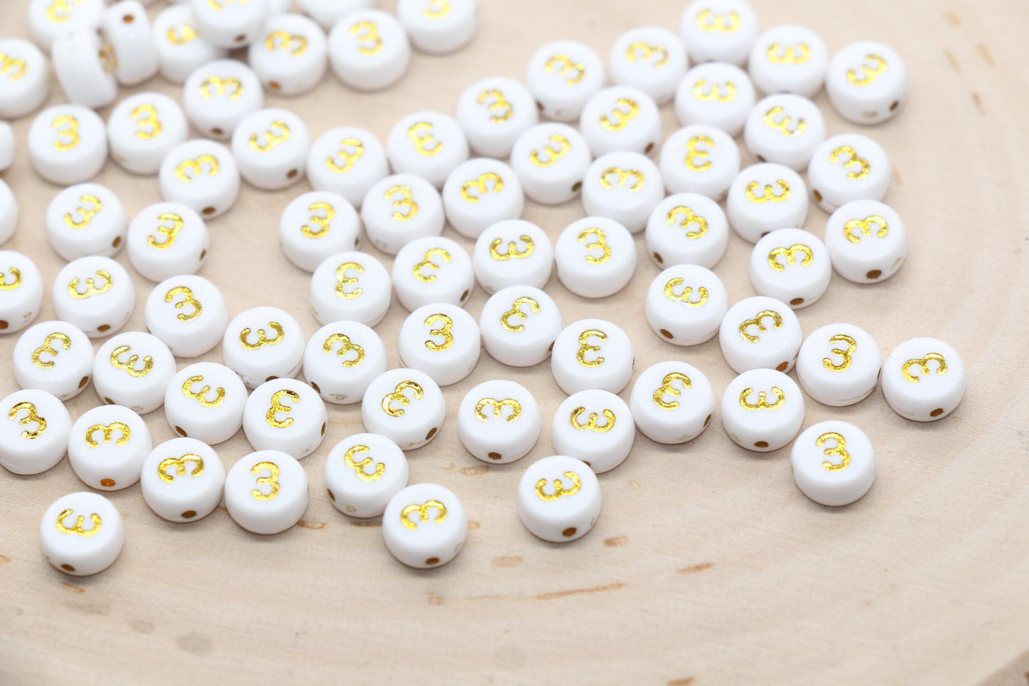 Sold in Individual Number Beads, Round Gold Number Beads, White Beads with Gold Numbers, Jewelry Making Beads, Size 7mm