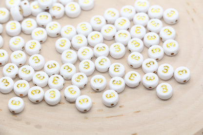 Sold in Individual Number Beads, Round Gold Number Beads, White Beads with Gold Numbers, Jewelry Making Beads, Size 7mm