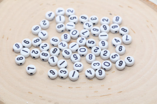 Mix Number Beads, White Beads with Black Numbers, Acrylic Number beads, Beads for Bracelets, Kid Craft Beads, Size 7mm #3272