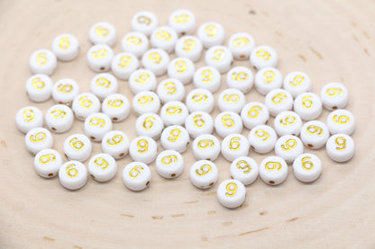 Sold in Individual Number Beads, Round Gold Number Beads, White Beads with Gold Numbers, Jewelry Making Beads, Size 7mm