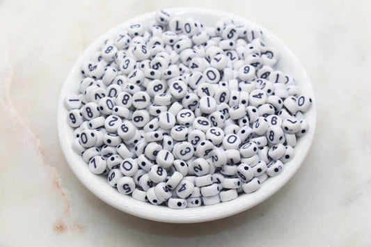 Mix Number Beads, White Beads with Black Numbers, Acrylic Number beads, Beads for Bracelets, Kid Craft Beads, Size 7mm #3272
