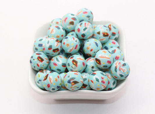 15mm Sushi Printed Beads, Food Printed Silicone Beads, Round Bubblegum Beads, Beads for Pens #S99