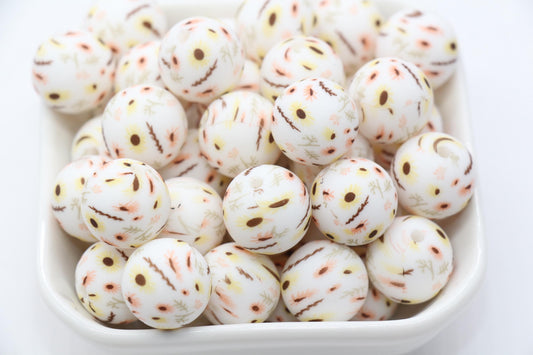 15mm Sunflower and Leaf Printed Beads, Leaf Printed Silicone Beads, Round Bubblegum Beads, Beads for Pens #S141