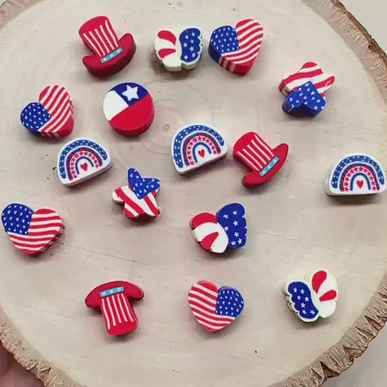 Patriotic Clay Beads, US Flag Polymer Clay Beads, July 4th Jewelry Beads, Red White Blue Beads for Crafts