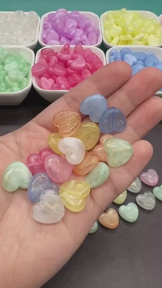 Glitter Heart Beads, Plastic Heart Shaped Beads for Jewelry Making, Chunky Plastic Heart Beads with Large Hole, Craft Supplies