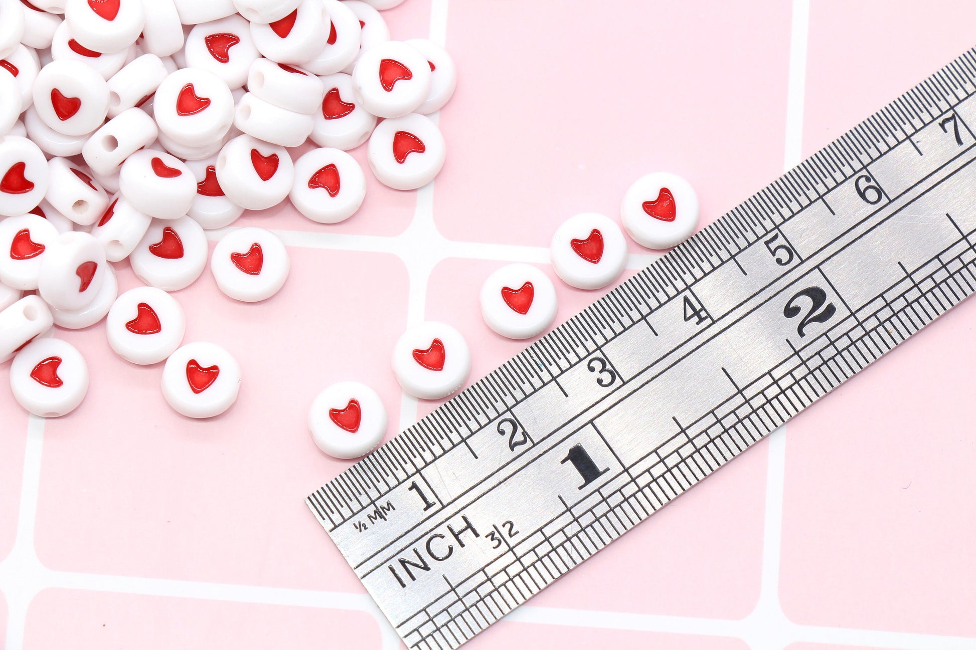 Heart Beads, Acrylic Heart Beads, Red and White Heart Beads, Acrylic Symbol Beads, Size 7mm #111