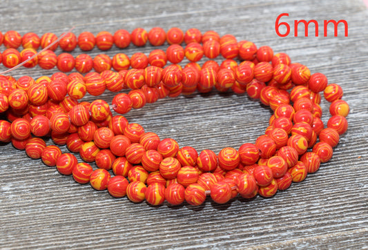 Peacock Stone Beads, Malachite Synthetic Beads, Smooth Gemstone Round Beads, Red and Yellow Sizes 4mm 6mm 8mm 10mm 12mm #70