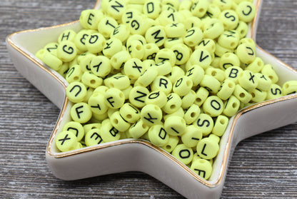 Yellow Green Alphabet Letter Beads, Acrylic Yellow and Black Letters Beads, Round Acrylic Beads, ABC Letter Beads, Name Beads 7mm #36