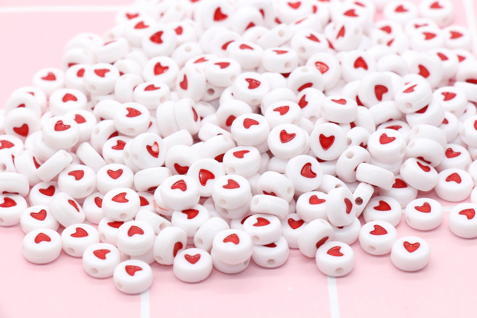 Heart Beads, Acrylic Heart Beads, Red and White Heart Beads, Acrylic Symbol Beads, Size 7mm #111