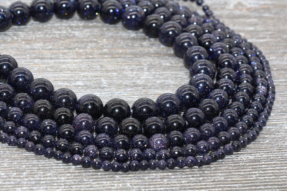 Blue Sandstone Beads, Blue Goldstone Beads, Smooth Gemstones Round Beads, Sizes 4mm 6mm 8mm 10mm,12mm, Full Strand 15.5" #46