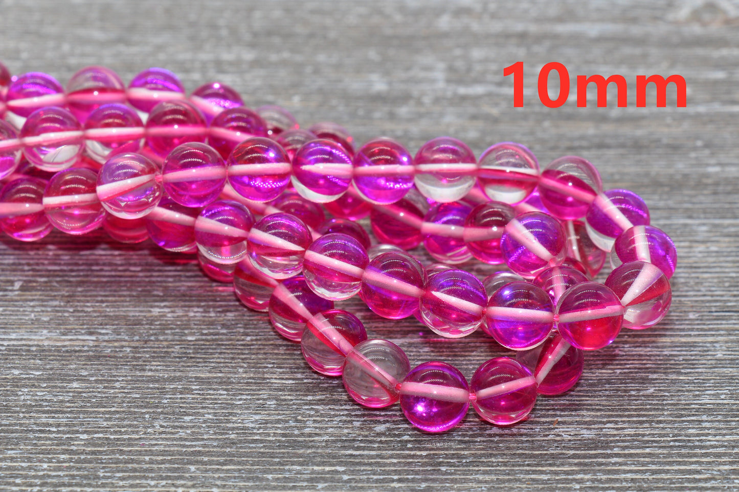 Hot Pink Mystic Aura Quartz Beads, Holographic Gemstone Smooth Round Loose Beads, Iridescent Beads, Sizes 6mm 8mm 10mm 12mm, Full Strand #58