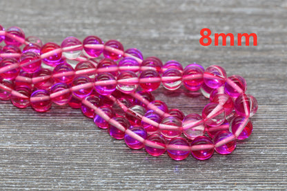 Hot Pink Mystic Aura Quartz Beads, Holographic Gemstone Smooth Round Loose Beads, Iridescent Beads, Sizes 6mm 8mm 10mm 12mm, Full Strand #58
