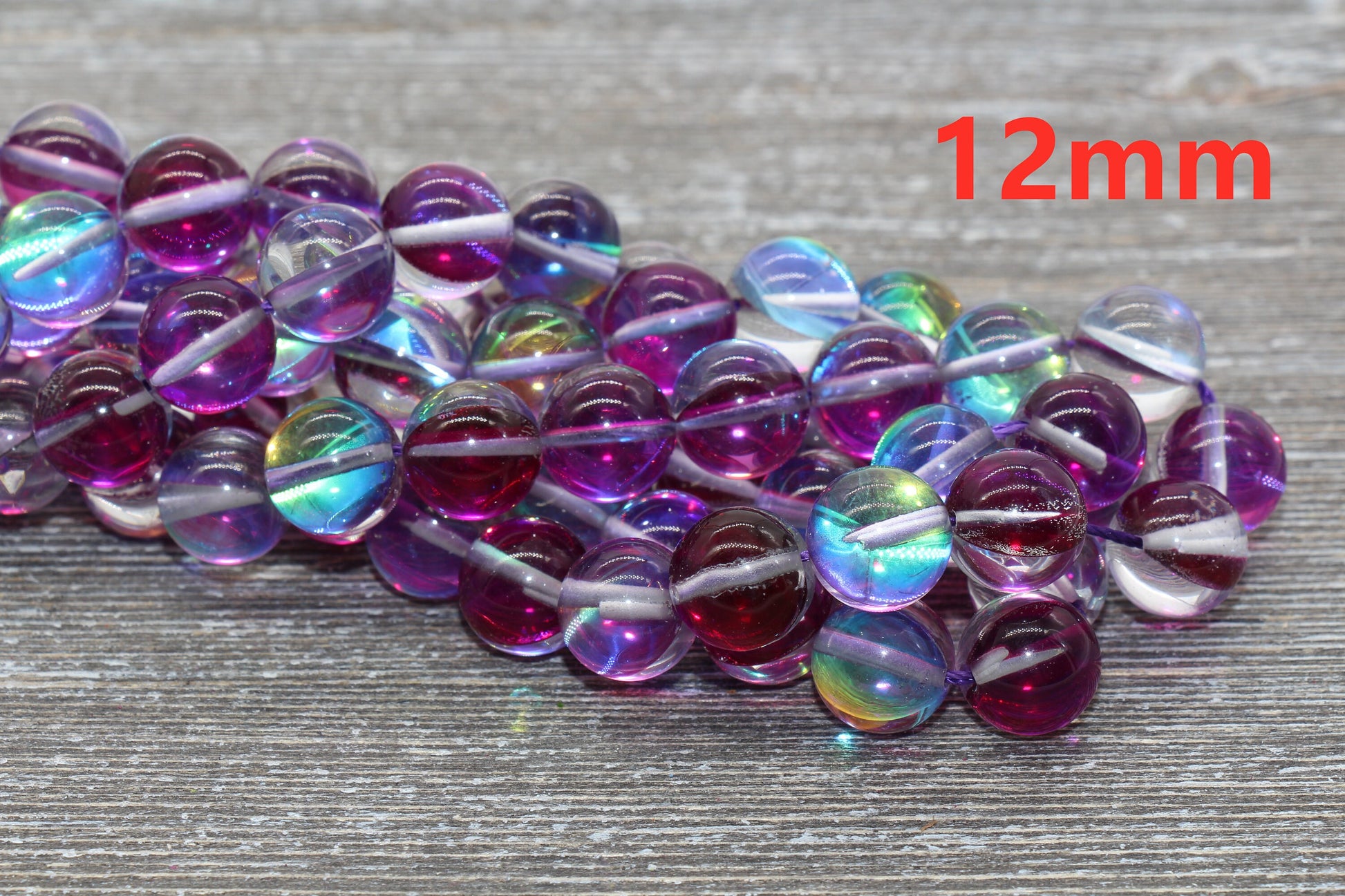 Purple Mystic Aura Quartz Beads, Holographic Gemstone Smooth Round Loose Beads, Iridescent Beads, Sizes 6mm 8mm 10mm 12mm, Full Strand #59