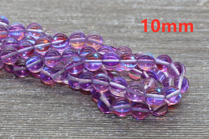 Purple Mystic Aura Quartz Beads, Holographic Gemstone Smooth Round Loose Beads, Iridescent Beads, Sizes 6mm 8mm 10mm 12mm, Full Strand #59